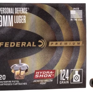 Federal Premium 9mm Luger 124 grain Hydra-Shok Jacketed Hollow Point (JHP) Brass Casing Centerfire Pistol Ammunition 500 RDS