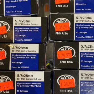 The FN SS197SR, also known as the Sporting Round, is loaded with Hornady’s extremely popular V-Max bullet. The V-Max is a polymer tipped bullet which enhances accuracy, creates rapid expansion and brings the ricochet down to a minimum.  This ammunition is new production, non-corrosive, in boxer primed, reloadable brass cases and is great for target shooting, competition or hunting.