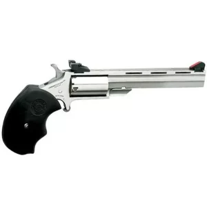 NAA Mini Master Single Action Revolver .22 LR/.22 Mag 4″ Stainless Barrel 5 Rounds Steel Stainless Frame Adjustable Sights Black Rubber Grips NAA-MMT-C