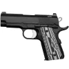 The Dan Wesson ECO is an outstanding choice for off duty/plain clothes law enforcement, and concealed carry applications. The Dan Wesson ECO is a reliable, durable, accurate, and is easy to carry and shoot well. With a host of features that would make any firearms manufacturer blush, the Dan Wesson ECO is truly a complete conceal carry 1911. The 3.5″ flush cut ramped bull barrel, Fixed Tritium Night Sights with Tactical Ledge, and Anodized aluminum frame make the Dan Wesson ECO a lightweight carry gun that is incredibly accurate. When the chips are down, and things have gone from bad to worse, the Dan Wesson ECO is the tool you want in hand.  Specifications and Features: 9mm Luger 3.5″ flush cut ramped bull barrel 7 rounds 1.56 lbs 7.25″ overall length 1.45″ overall width Anodized aluminum frame features under cut trigger guard and 25LPI checkering Recoil system features solid one piece guide rod, flat recoil spring Smooth slide for easier operation and less felt recoil Slide and small parts are treated with Duty finish Flush cut, ramped bull barrel with target crown Fixed tritium night sights with tactical ledge Manual thumb safety and grip safety Aluminum mainspring housing Single action trigger 4lbs Trigger Pull G10 Grips Black Finish